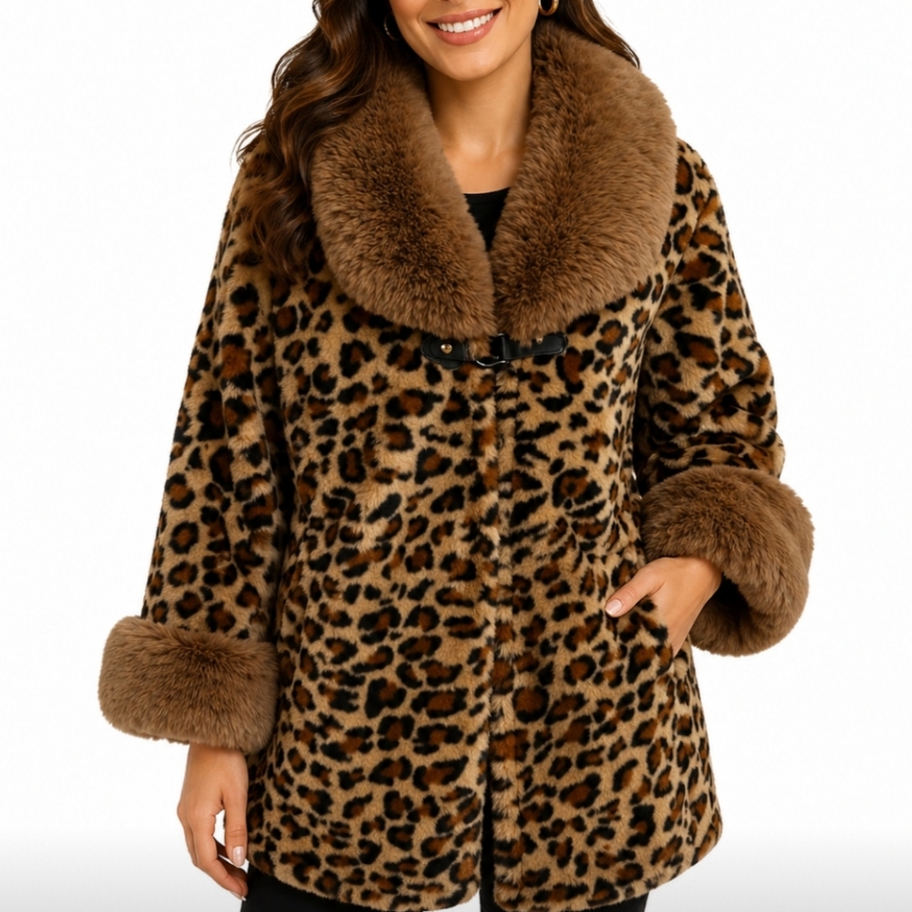 Leopard Print Faux Fur Coat Oversized Plush Winter Jacket One Size